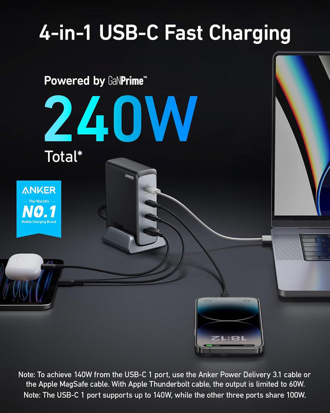 Anker 240W USB C Plug, Prime GaN Charger, 4-Port Fast