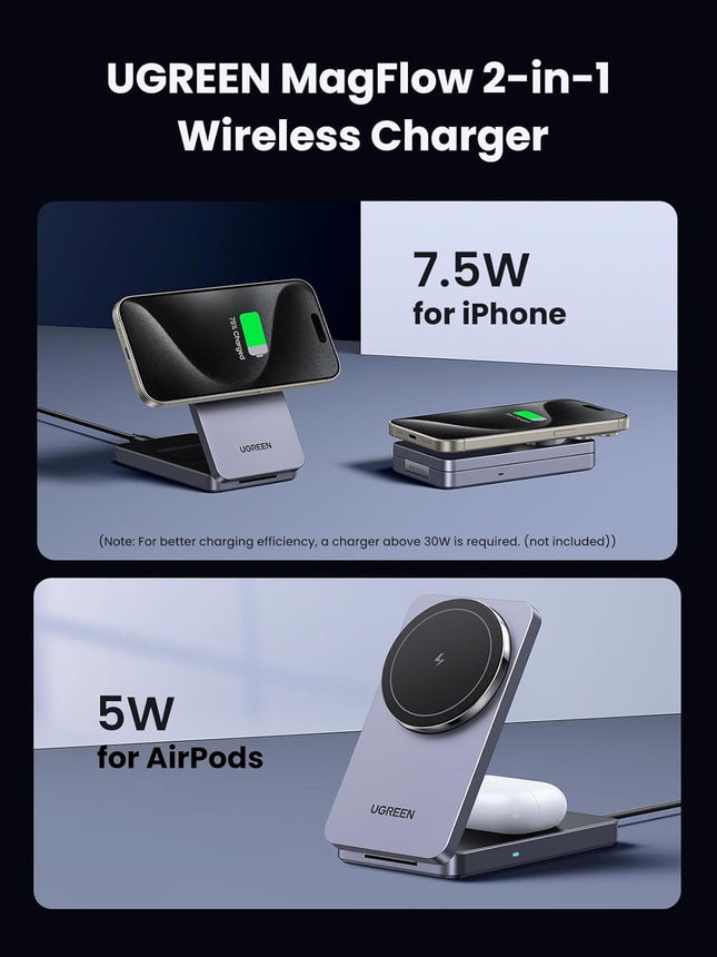 UGREEN MagFlow Wireless Charger 15W, 2 in 1 Magnetic Charging