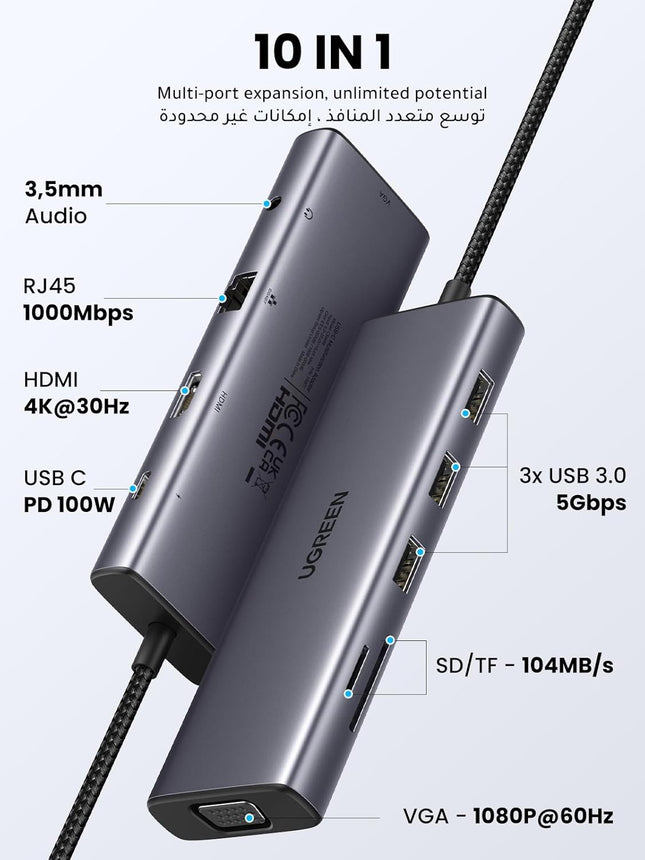 UGREEN Revodok  10 in 1 USB C Hub 4K  HDMI and FHD VGA Dual Video