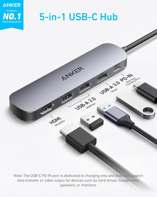Anker USB-C Hub (5-in-1), 4K@30Hz HDMI with 100W